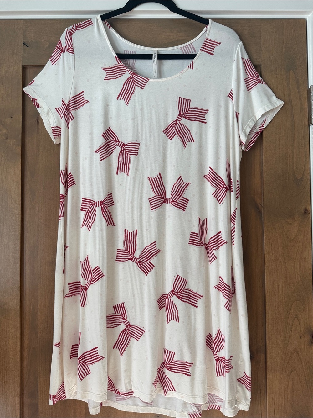 SOMA COOL NIGHTS Short Sleeve Sleep shirt  dress womens L Red Bows Festive cozy